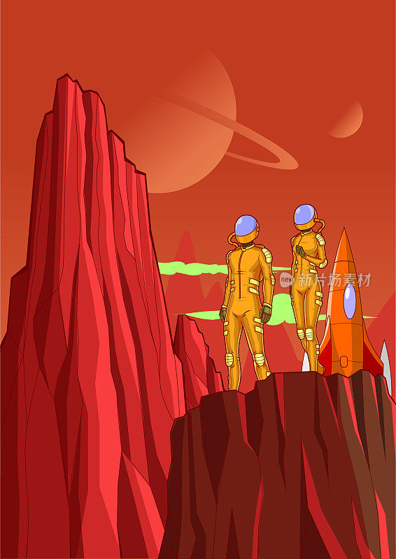 矢量动画风格的宇航员夫妇探索一个星球海报插图