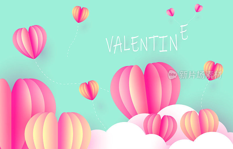 情人节以粉色爱心为浪漫背景设计为卡片壁纸。2月14日。情人节庆祝背景。可爱的心，网页横幅，模板，封面，梯度抽象剪纸。