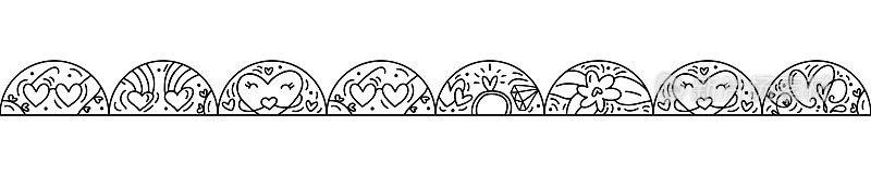 情人节标志矢量Washi胶带无缝图案边框爱，蛋糕，嘴唇，心，云和包。手绘单线构造浪漫的贺卡