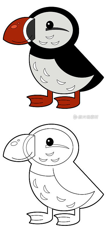 卡通素描场景与飞鸟海雀隔离在白色背景插图