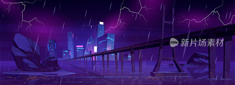 城市天际线和立交桥在暴风雨的夜晚