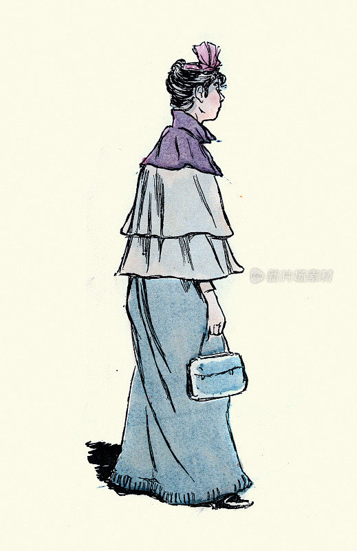 巴黎时尚年轻女子，披肩，蓝色裙子，帽子和手提包，维多利亚式法国时尚，19世纪，19世纪