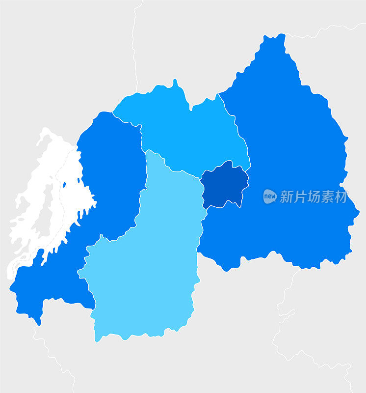 高度详细的卢旺达蓝色地图与区域和国家边界