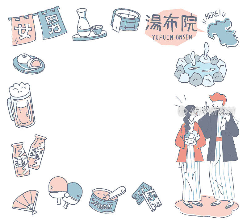 日本大分的裕富温泉和一组温泉图标和一对穿着浴衣的夫妇(线条画(颜色))