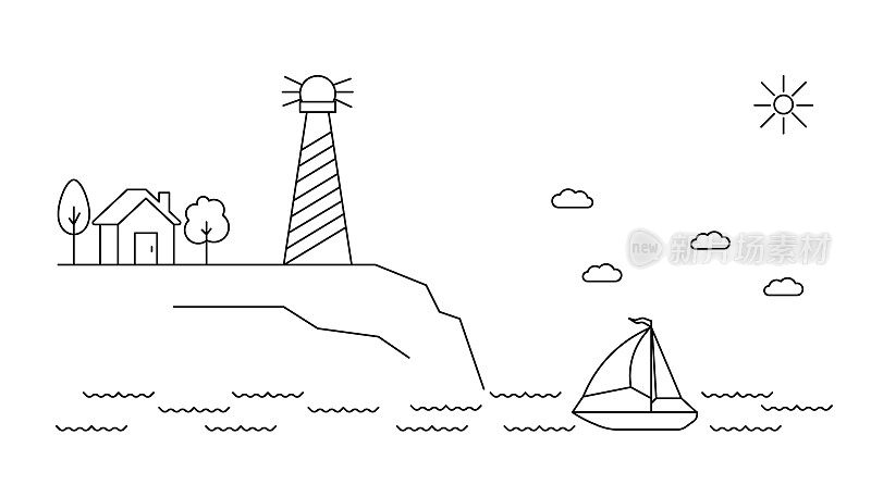 海岸灯塔和海上船舶景观，线条艺术。海上旅行的地标。乡村景观。向量轮廓