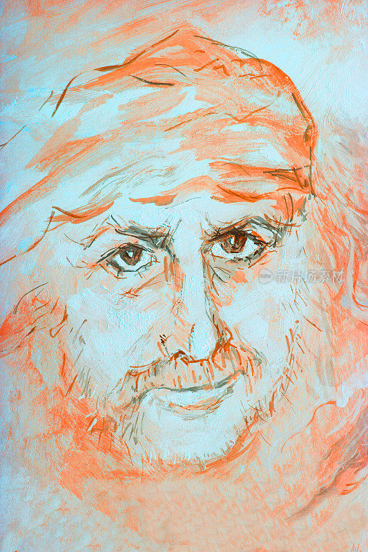 插图油画肖像，一个男人的长发飘扬在风在棕