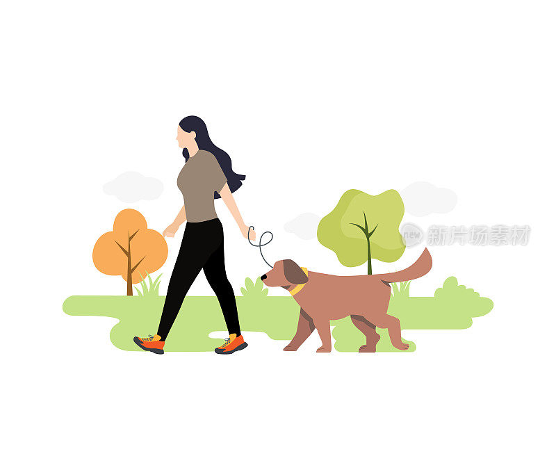 在公园遛狗的女人。户外活动概念。矢量插图。股票插图