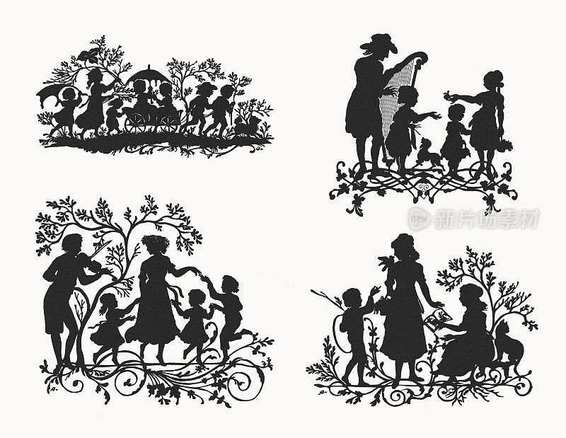 儿童和家庭主题的轮廓，木刻，出版约1895年
