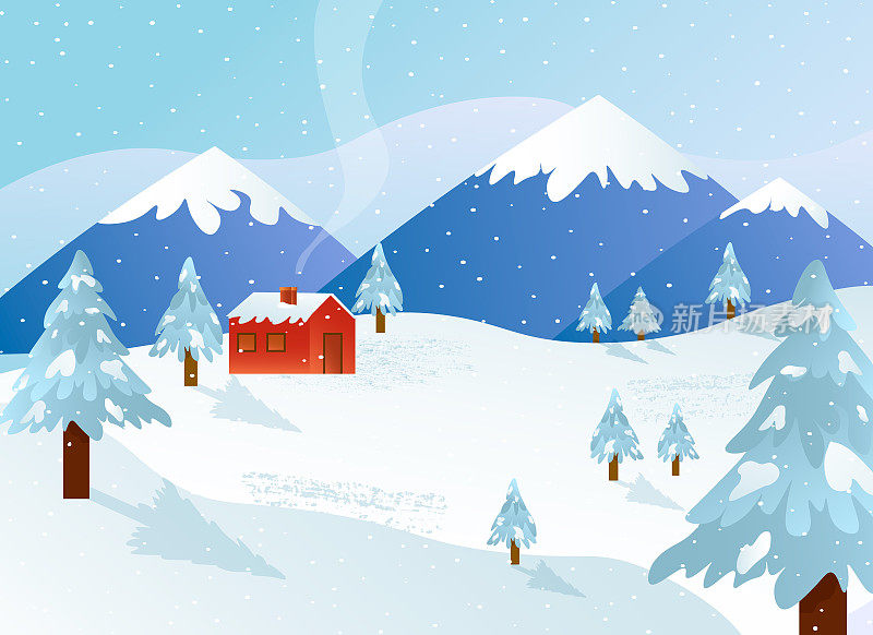 冬天的风景。房子的背景是山，雪堆，树木。平面矢量插图。