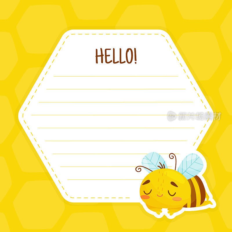 可爱的蜜蜂六边形卡片设计与繁忙的昆虫睡眠向量模板