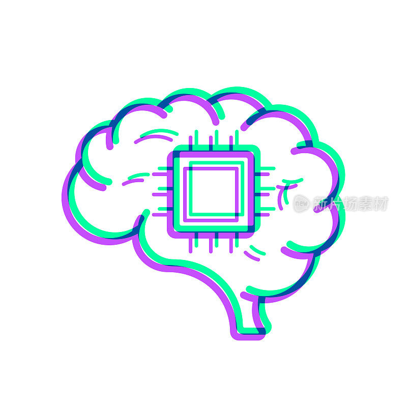植入大脑芯片。图标与两种颜色叠加在白色背景上
