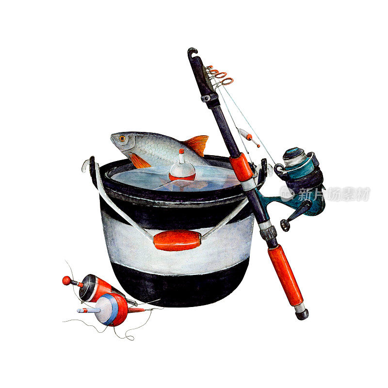 水彩画捕鱼桶套装，黑白红柄。装满了水，里面有一条鱼和一条鱼，还有各种各样的漂浮物和旋转杆。垂钓器用于壁纸，标志，横幅，图标，卡片，传单，纺织品，明信片