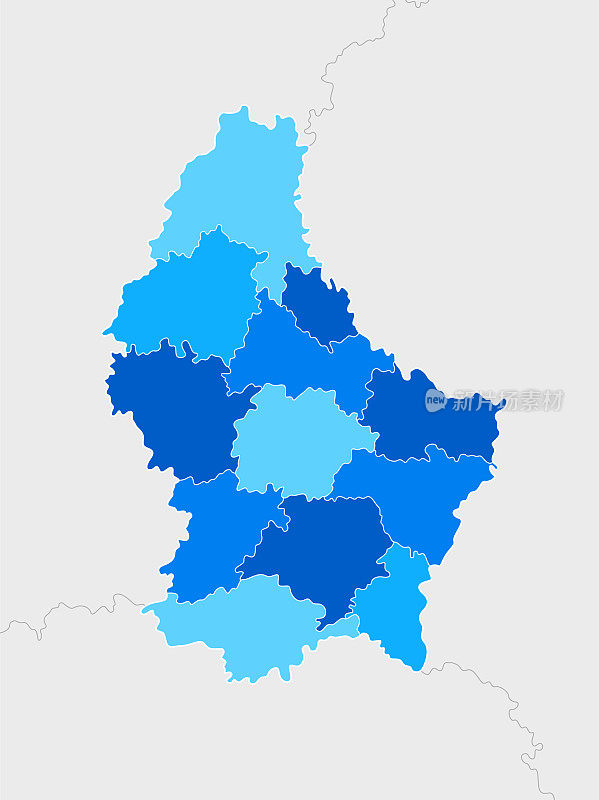 高详细的卢森堡蓝色地图与地区和国家边界的比利时，法国，德国