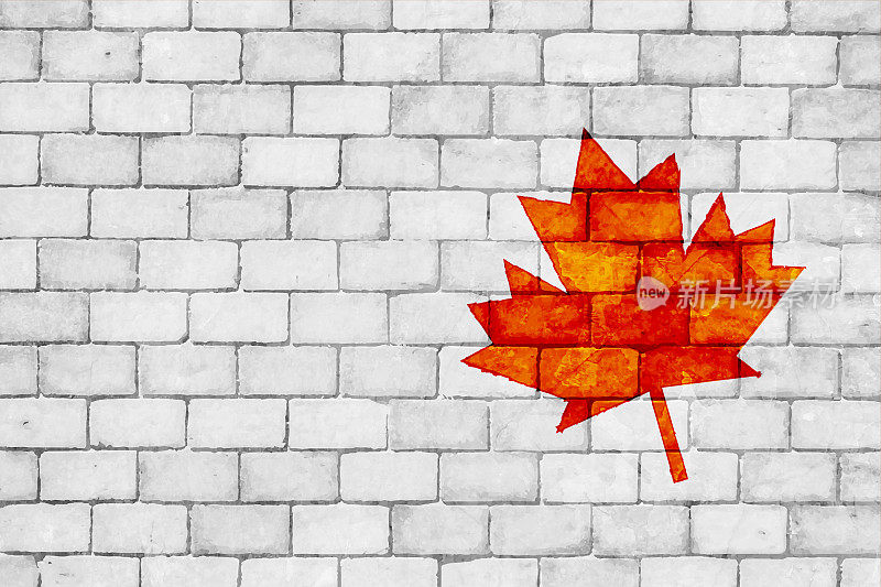 一个垃圾效果水平灰色白色砖墙矢量背景画在橙色和红色与一个污浊的加拿大国旗枫叶旗设计作为涂鸦