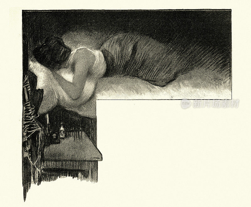 年轻女子晚上挣扎着入睡的复古插图，青年风格，新艺术风格，德国19世纪90年代