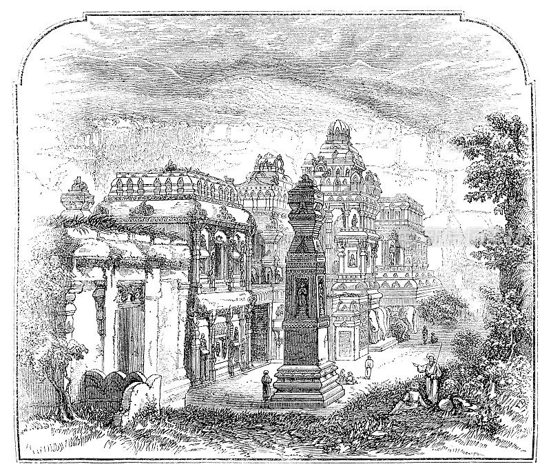 19世纪，印度马哈拉施特拉邦艾罗拉洞穴的凯拉萨寺