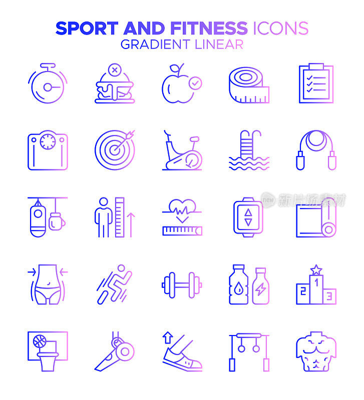 运动和健身-梯度细线矢量图标集-健身活动，锻炼，健身房，健康俱乐部，健康的生活方式，运动训练