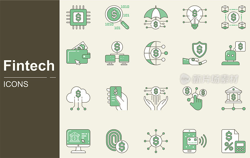金融科技图标集。数字银行、加密货币、移动支付、监管科技、区块链、机器人顾问、金融科技、会计、所得税、退税、报告、储蓄、财务规划