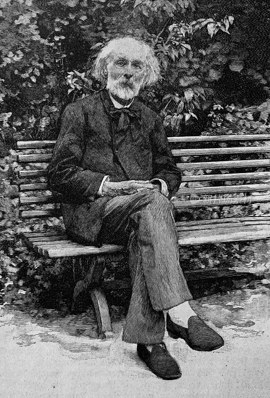 法国风景画家朱尔斯・迪普瑞尔，坐在花园的木凳上，看着观众