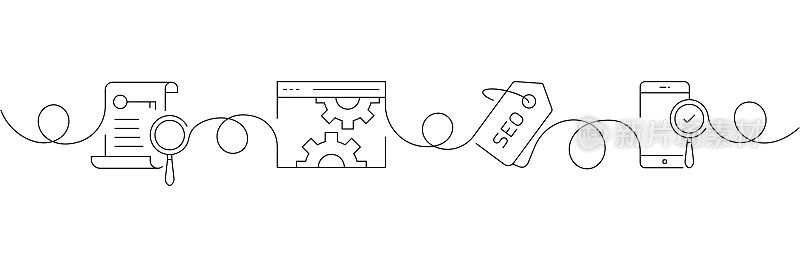 连续一行绘制SEO图标的概念。单线矢量插图。