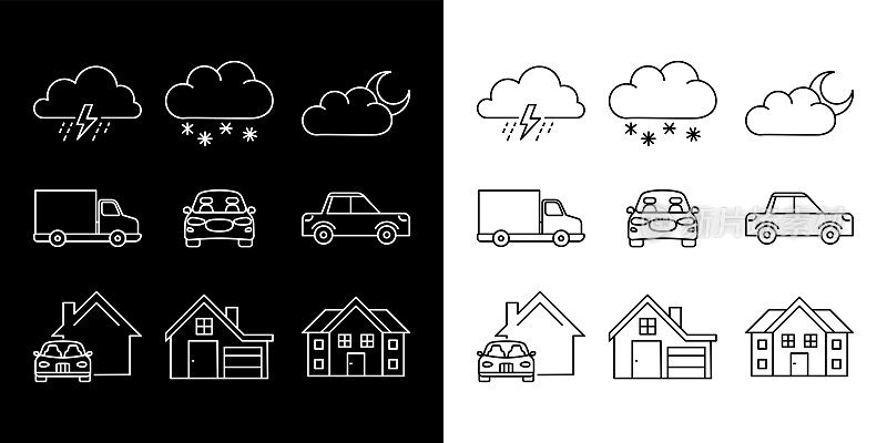 云，车辆和房屋图标。