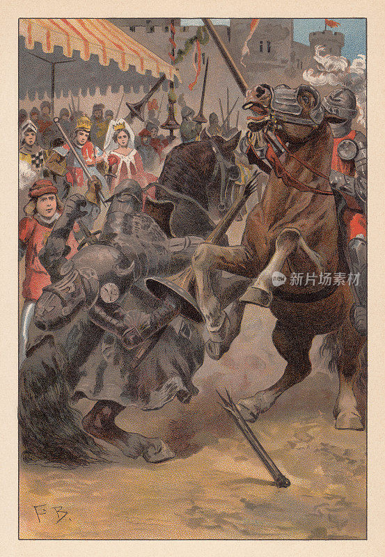 骑士的陨落，中世纪的比武，彩色印刷，出版于1892年