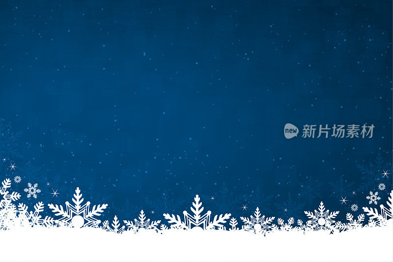 白色的雪和雪花在底部的深蓝色水平圣诞背景矢量插图