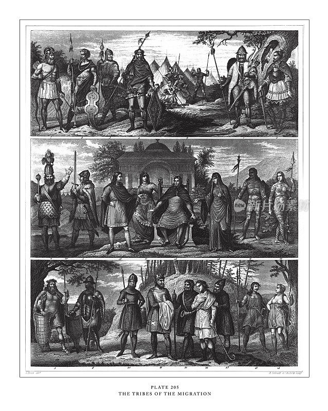 移民部落版画古董插图,1851年出版