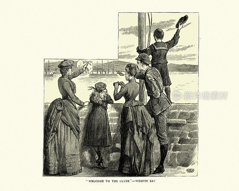 19世纪，维多利亚时代，公众向克莱德河上的船只挥手
