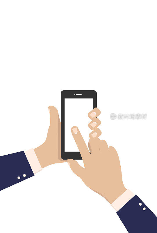 人的手握着智能手机的空白屏幕，用手指指向屏幕的平面设计向量