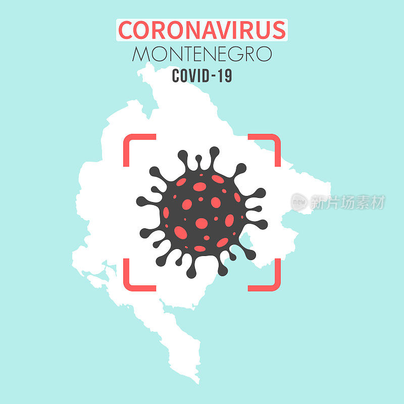 黑山地图，红色取景器中有冠状病毒细胞(COVID-19)