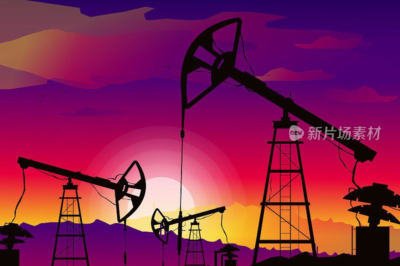 井架钻机示意图。黑色剪影在紫色梯度日落背景。勘探、石化工业。石油的画面。景观和石油钻探驳船。