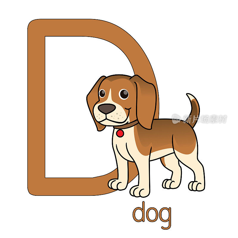 矢量插图的一只狗站在孤立的白色背景。用大写字母D作为教材，让孩子们了解英语字母表。