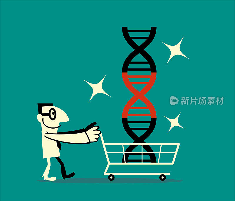 一名男子推着一辆装着转基因食品的购物车。基因工程，转基因和基因操作概念