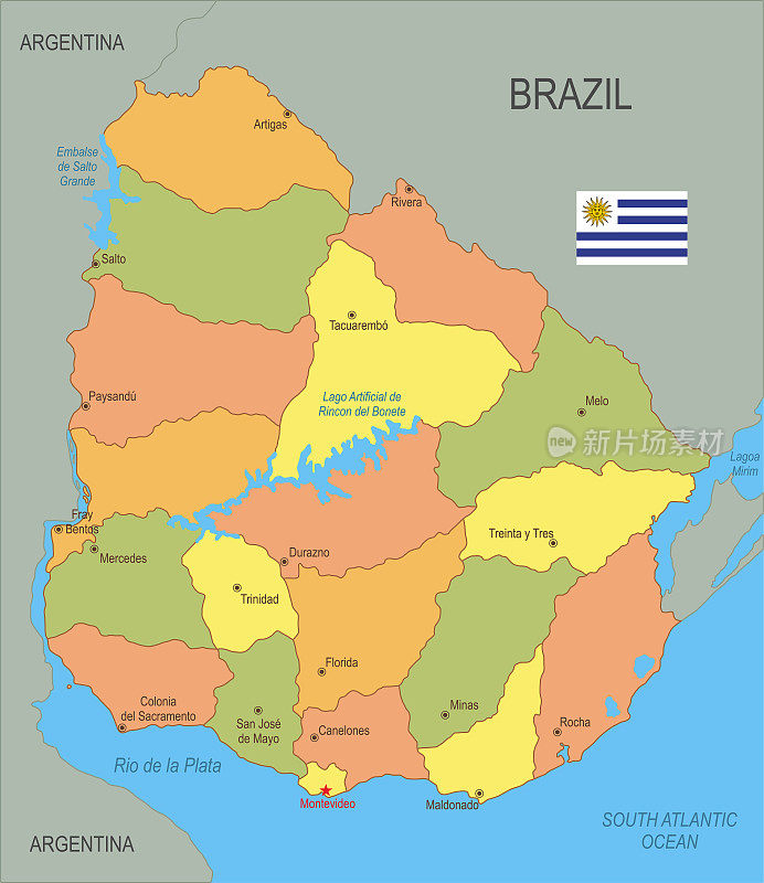带有旗帜的乌拉圭平面地图