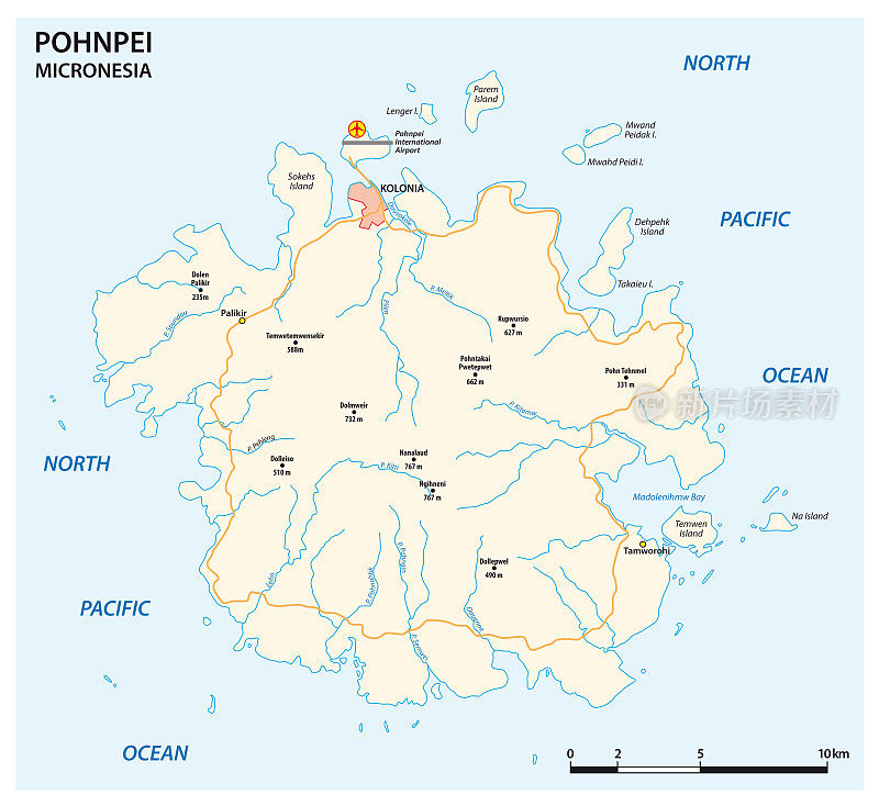 密克罗尼西亚主要岛屿波纳佩的矢量路线图