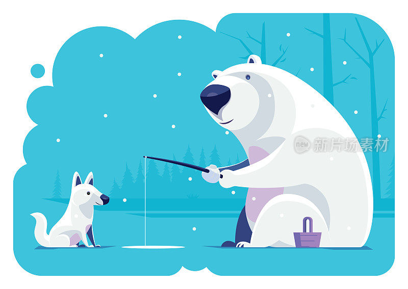 北极熊和狼钓鱼
