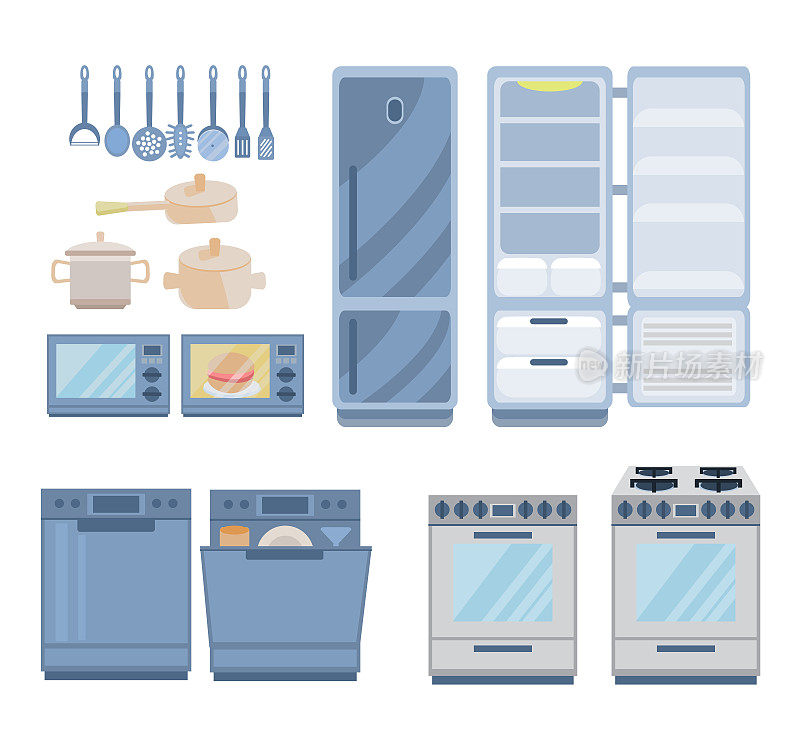 厨房用具,厨房用具。收集家用电器图标。矢量集冰箱、微波炉、洗碗机、煤气炉及器具。矢量插图在平面风格。