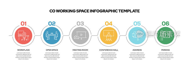 合作工作空间信息图模板。线条图标设计与数字5选项或步骤。工作流布局、图表、年度报告、网页设计等信息图设计。