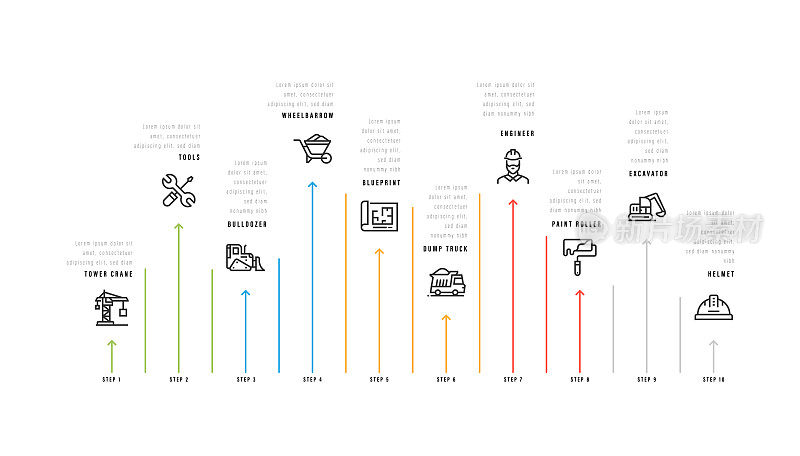 信息图表设计模板。塔吊，工具，推土机，蓝图，自卸卡车，工程师，油漆滚轮，挖掘机，头盔图标8个选项或步骤。