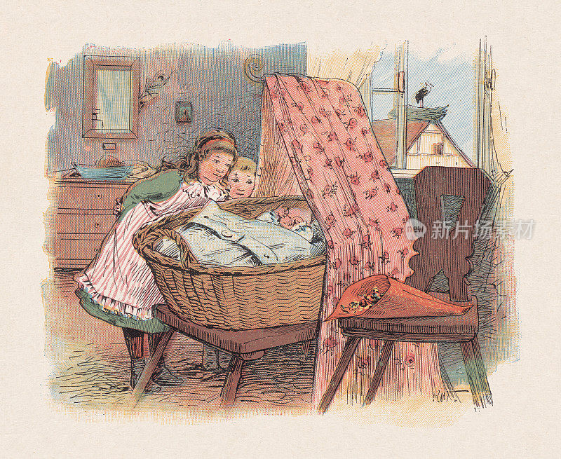 儿童与鹳，彩色木刻，出版于1897年