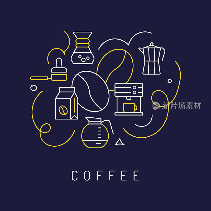咖啡概念，现代线条艺术图标背景。线性风格矢量插图。