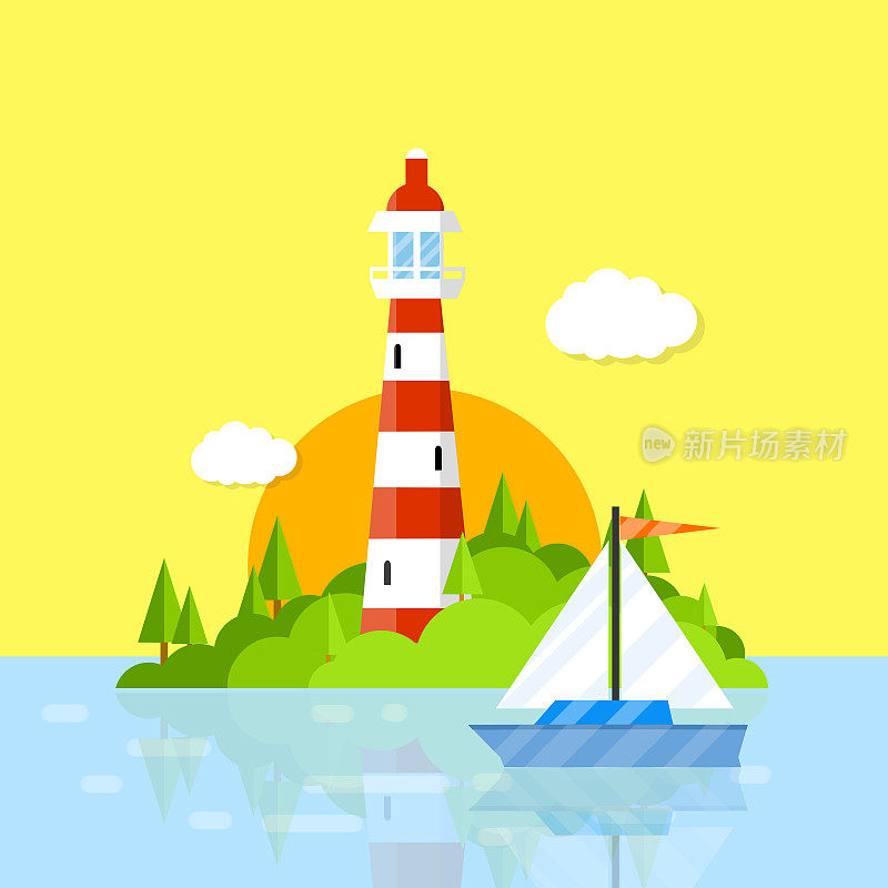 港湾里美丽的灯塔。红色的白塔。吸引海上游客。有森林和船只的绿色岛屿。