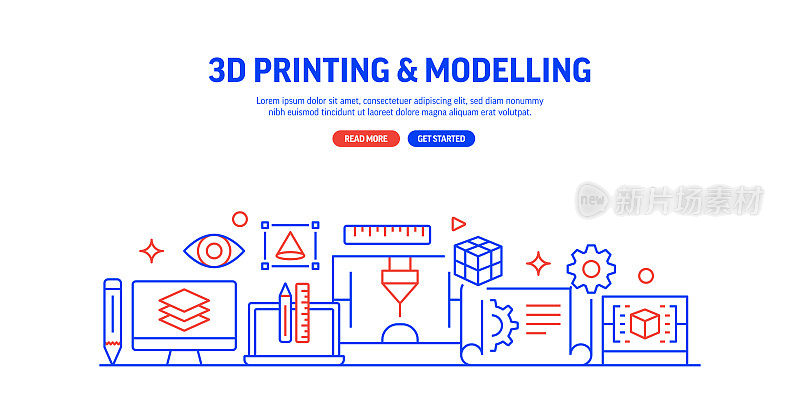 3D打印技术相关流程信息图表设计，线性风格矢量插图
