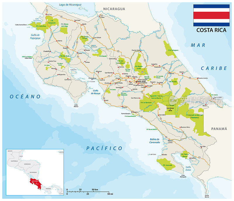 哥斯达黎加道路和国家公园地图与旗帜