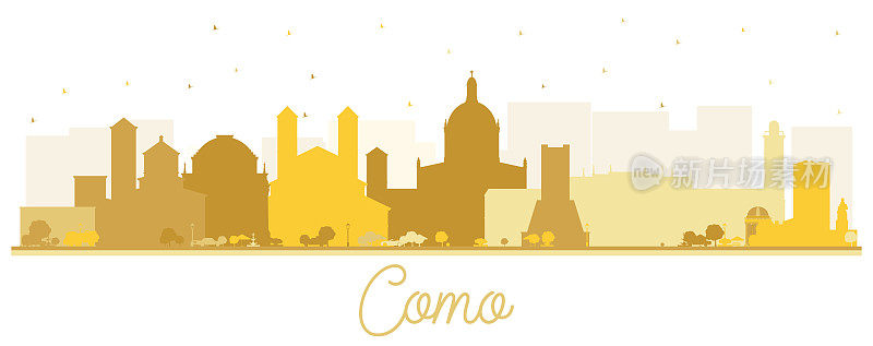 科莫意大利城市天际线与金色的建筑孤立在白色。