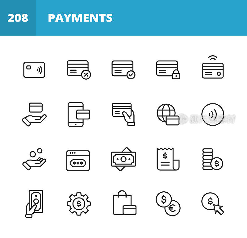 付款行图标。可编辑的中风。像素完美。移动和网络。包含像比特币，货币，信用卡，无线，金钱，金融，支票，ATM，现金，钱包，人手，支付，购物，销售，退款，安全，电子商务等图标。