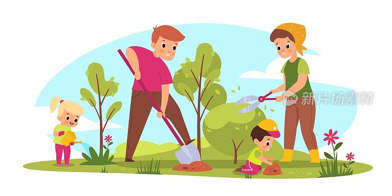 家庭园艺。父母和孩子照顾植物。季节性的农活。母亲布什削减。父亲挖地。孩子们浇水和种花。人的户外活动