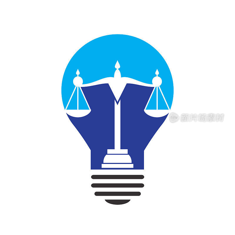 灯泡和尺度的正义标志设计。教育、法律服务标志。公证员、正义、律师的图标或矢量符号