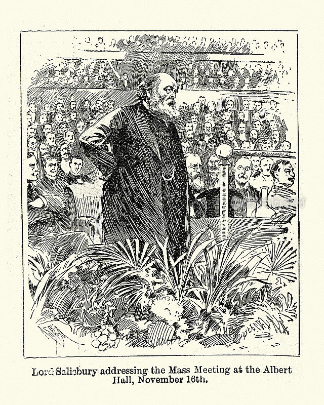 英国首相索尔兹伯里勋爵，在维多利亚时代的阿尔伯特大厅向群众发表讲话